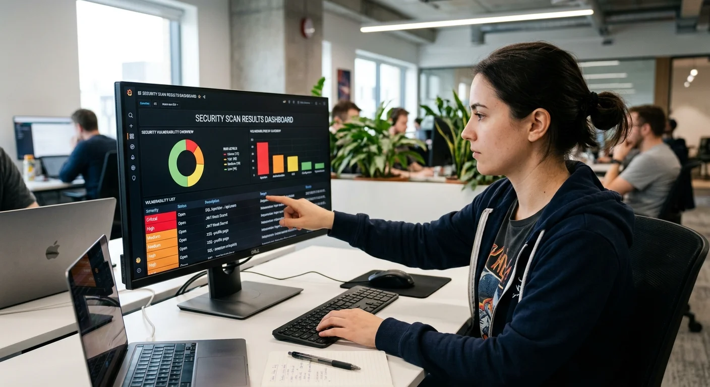 Developer triaging code security scan results on a vulnerability dashboard