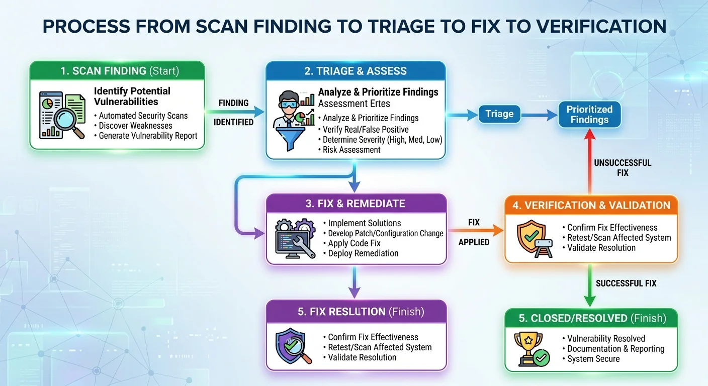 Flowchart illustrating the vulnerability remediation workflow from scan to fix to verification