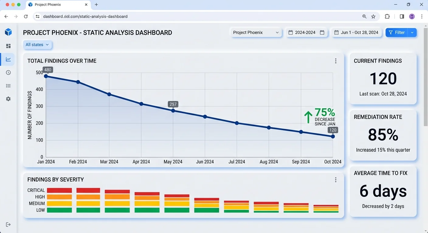 Static analysis vulnerability trend dashboard showing declining findings over six months