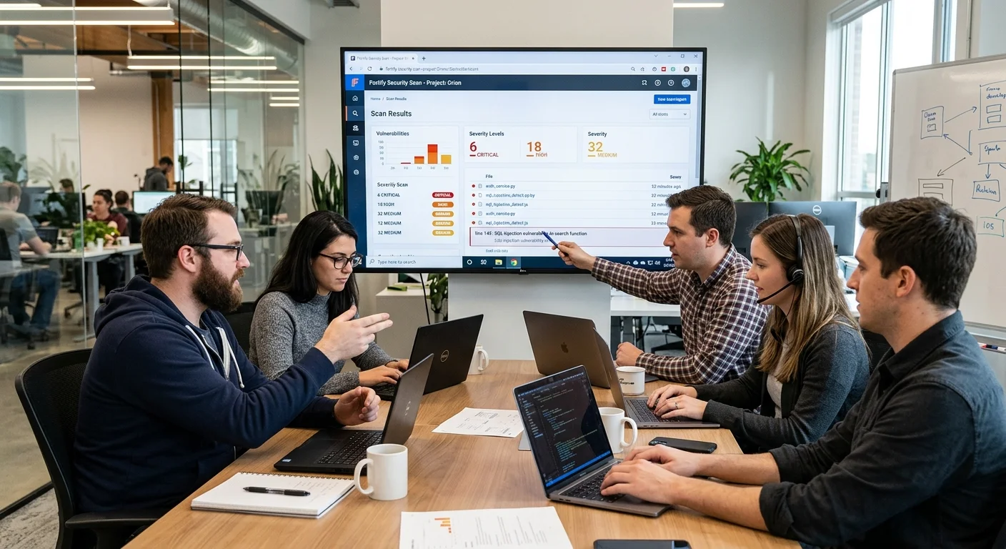 Development team performing secure code review with static analysis vulnerability findings on screen