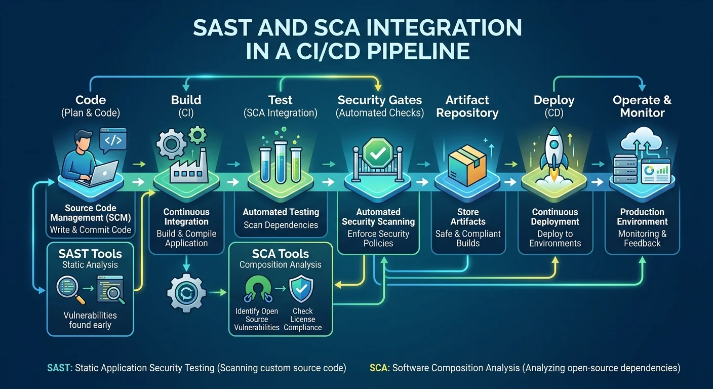 CI/CD pipeline diagram with SAST and SCA tool integration points